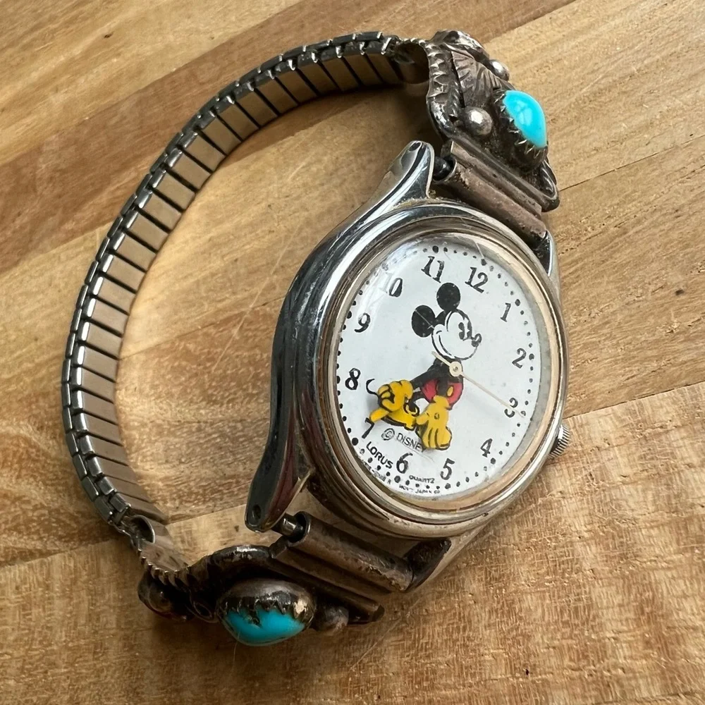 VTG Lorus Mickey Mouse ladies watch with Sterling silver Native American wings
